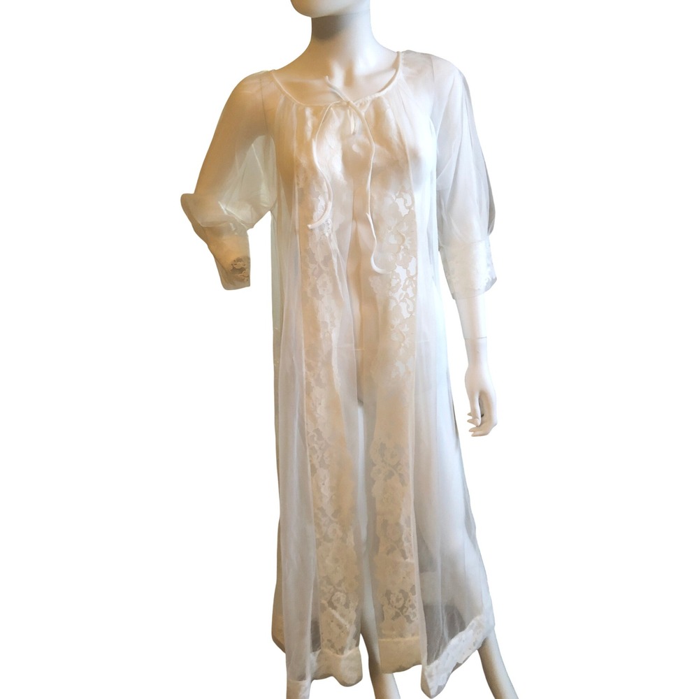 Vintage 50s 60s Sheer Lace Maxi Robe Peignoir Bridal Large Full Length